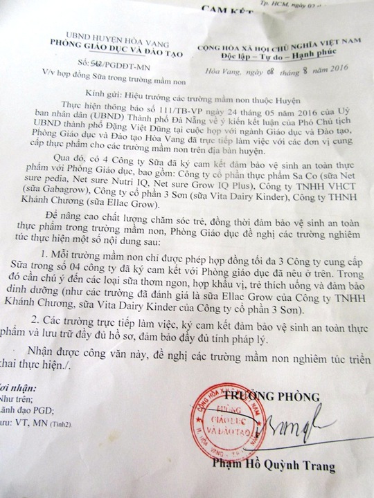 Văn bản của Phòng GD-ĐT huyện Hòa Vang mà bà Phạm Hồ Quỳnh Trang thừa nhận có sai sót