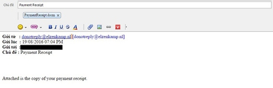 Email phát tán có đính kèm mã độc. Ảnh: Bkav.