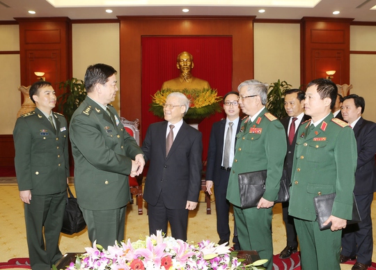 Tổng Bí thư Nguyễn Phú Trọng tiếp Bộ trưởng Quốc phòng Trung Quốc Thường Vạn Toàn, sáng 27-3 Ảnh: TTXVN