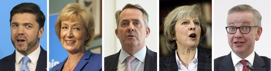 Năm ứng viên thủ tướng Anh (từ trái sang): Stephen Crabb, Andrea Leadsom, Liam Fox, Theresa May và Michael Gove Ảnh: REUTERS