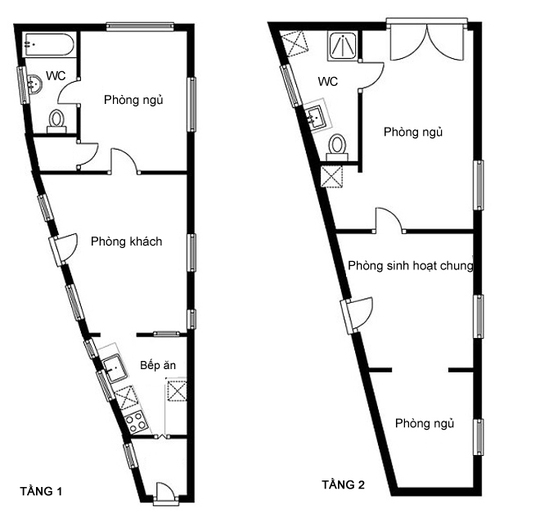 
Nhà có dạng hình tam giác, cụt ở chóp, mặt bằng rộng gần 80 m2 nhưng có 2 cạnh ngắn chỉ là 1,4m và 4,6m.
