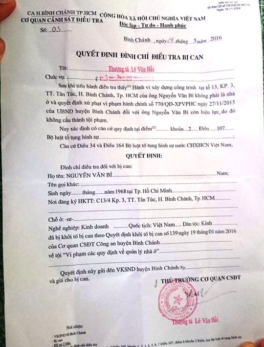 
Quyết định đình chỉ điều tra ông Nguyễn Văn Bỉ
