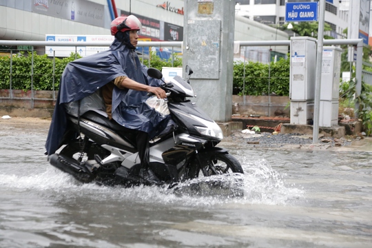 
Vội vàng vượt dòng nước để kịp vào sân bay
