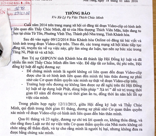 Thông báo của Ban Trị sự Giáo hội Phật giáo Việt Nam tỉnh Khánh Hòa