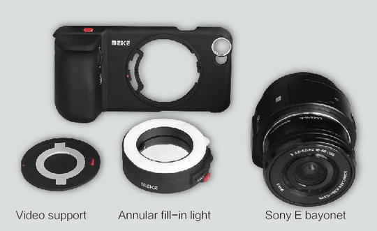 
MK-H6S PRO hỗ trợ ngàm E cho phép người dùng gắn hẳn một camera rời hoặc bộ đèn flash phụ kiện (giữa) hỗ trợ chụp trong môi trường ánh sáng yếu.
