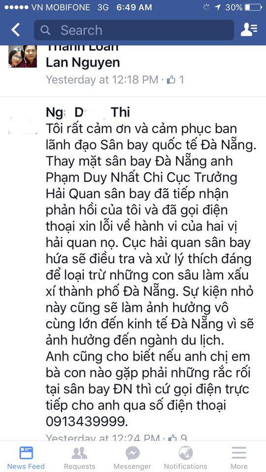 
Hai cán bộ Hải quan sân bay Quốc tế Đà Nẵng bị tố nhũng nhiễu trên Facebook
