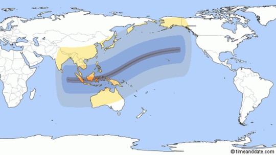Đường đi của nhật thực ngày 9-3 di chuyển từ Tây sang Đông trên Thái Bình Dương. Nguồn: BBC