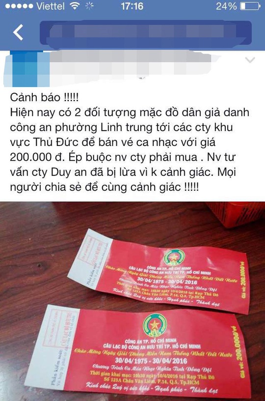 Trên Facebook của mình, một giám đốc cảnh báo chiêu trò giả cán bộ phường để bán vé xem ca nhạc