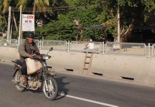 Tại xã Vĩnh Lương, TP Nha Trang, người dân còn bắt cả thang qua dải phân cách để dễ bề leo trèo - Ảnh: Kỳ Nam.