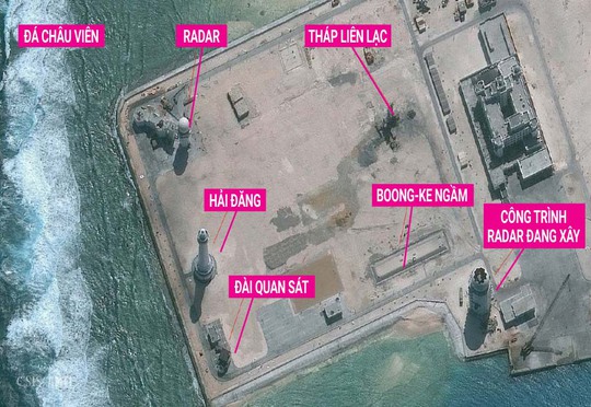 
Ảnh vệ tinh chụp những cơ sở Trung Quốc xây trái phép trên đá Châu Viên thuộc quần đảo Trường Sa. Ảnh: CSIS
