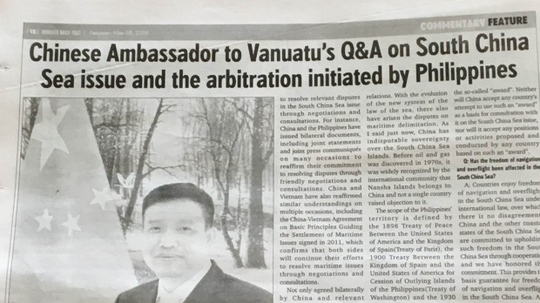 Đại sứ Trung Quốc tại Vanuatu trình bày về lập trường của Trung Quốc về biển Đông trên tờ báo Daily Post Ảnh: SMH