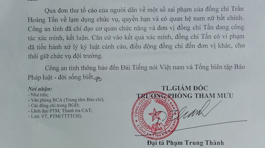 
Phần trả lời của Công an tỉnh Kiên Giang cho cơ quan báo chí về kết quả xử lý trung tá Tấn.
