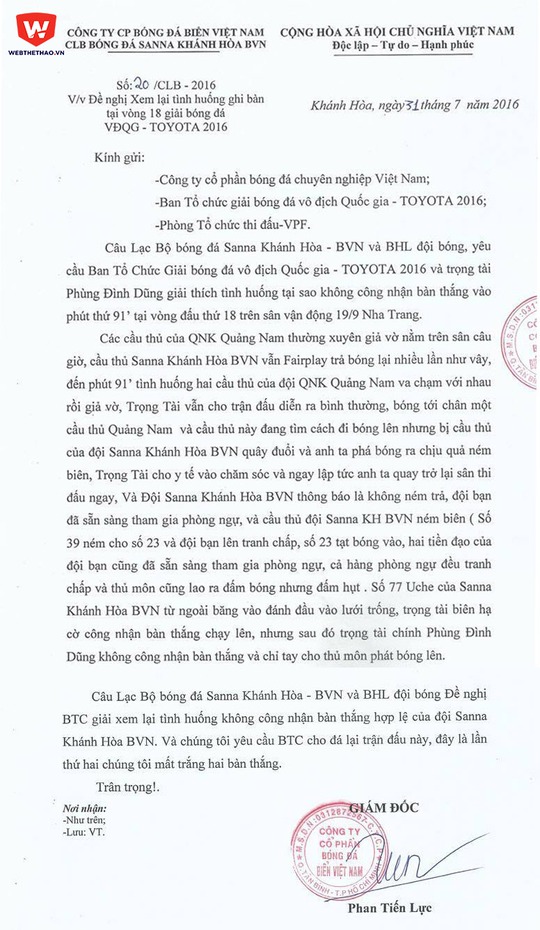 Công văn khiếu nại của CLB Sanna Khánh Hòa BVN gửi BTC V-League