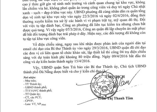 Văn bản của UBND quận Sơn Trà báo cáo lãnh đạo TP Đà Nẵng về việc giải quyết những vấn đề người dân phản ánh