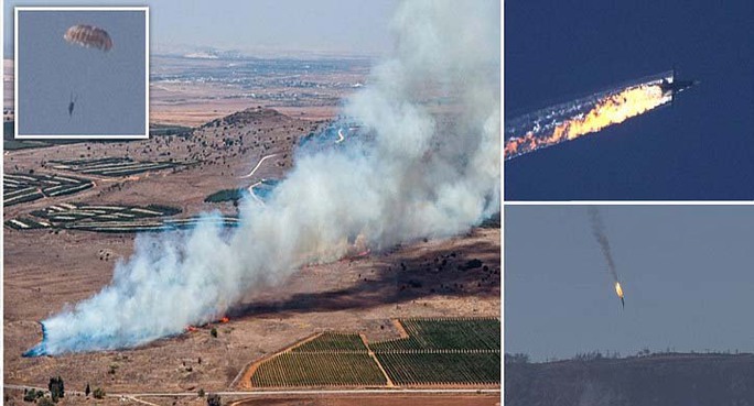 Phi công bung dù (ảnh nhỏ) thoát khỏi chiếc máy bay Su-24 bị bắn hạ ở gần biên giới Syria - Thổ Nhĩ KỳẢnh: EPA, Anadolu
