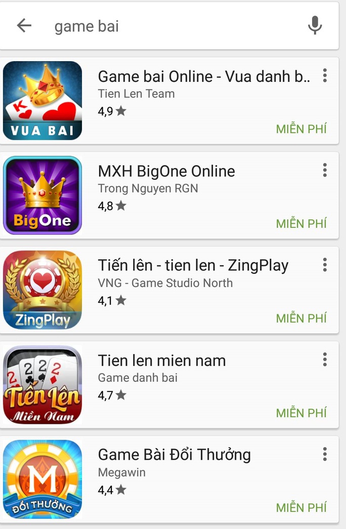 
Các ứng dụng game bài trên kho ứng dụng Google Play.
