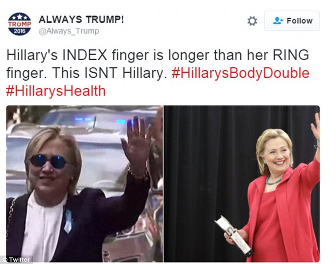 
Ngón trỏ của bà Clinton dài hơn ngón đeo nhẫn và người phụ nữ đeo kính bị nghi ngờ không phải bà Clinton. Ảnh: Twitter

