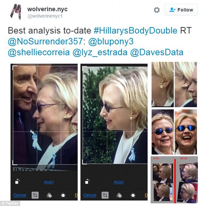
Những hình ảnh phân tích giữa bà Clinton và người phụ nữ đeo kính. Ảnh: Twitter
