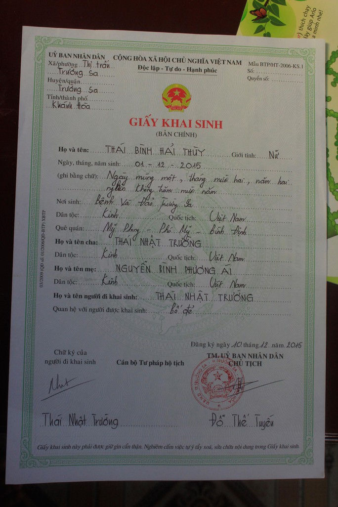 Giấy khai sinh của bé Hải Thùy