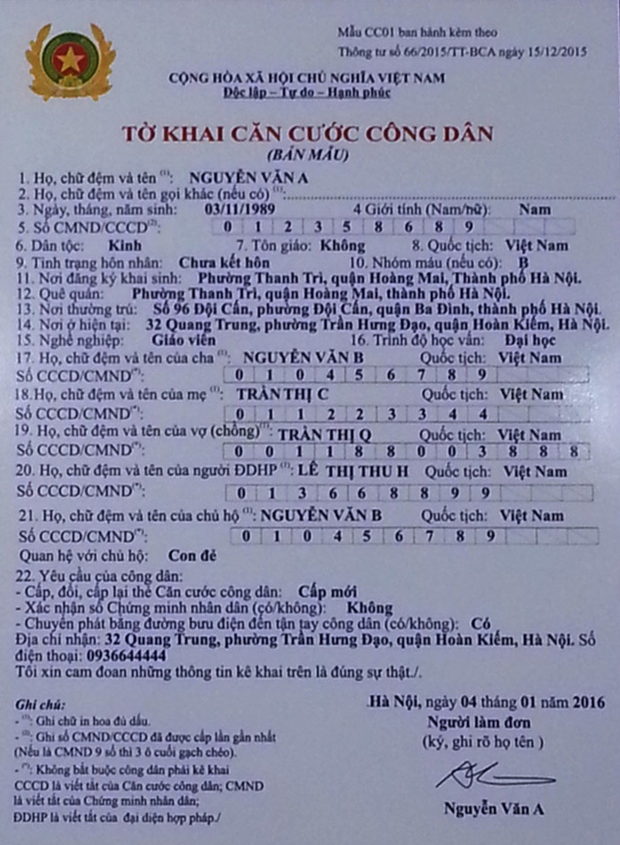 
Mẫu tờ khai làm thẻ căn cước công dân Ảnh: Nguyễn Quyết
