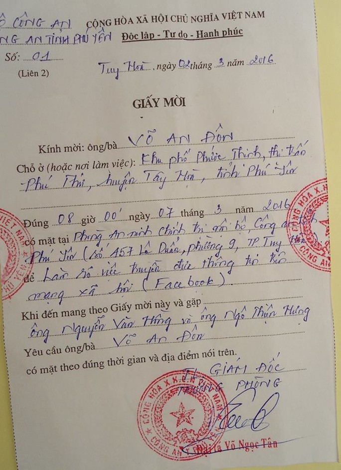 Giấy mời của Công an Phú Yên