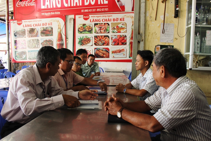 
Ông Trọng, đại diện nhà hàng N.T (thứ 2 bên phải qua) đang làm việc với đoàn kiểm tra liên ngành
