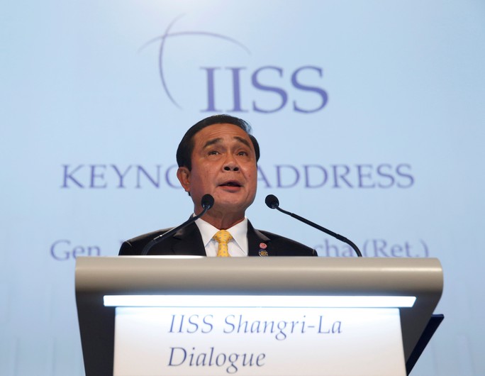 
Thủ tướng Thái Lan Prayuth Chan-ocha phát biểu tại Đối thoại Shangri-La 2016 hôm 3-6. Ảnh: REUTERS
