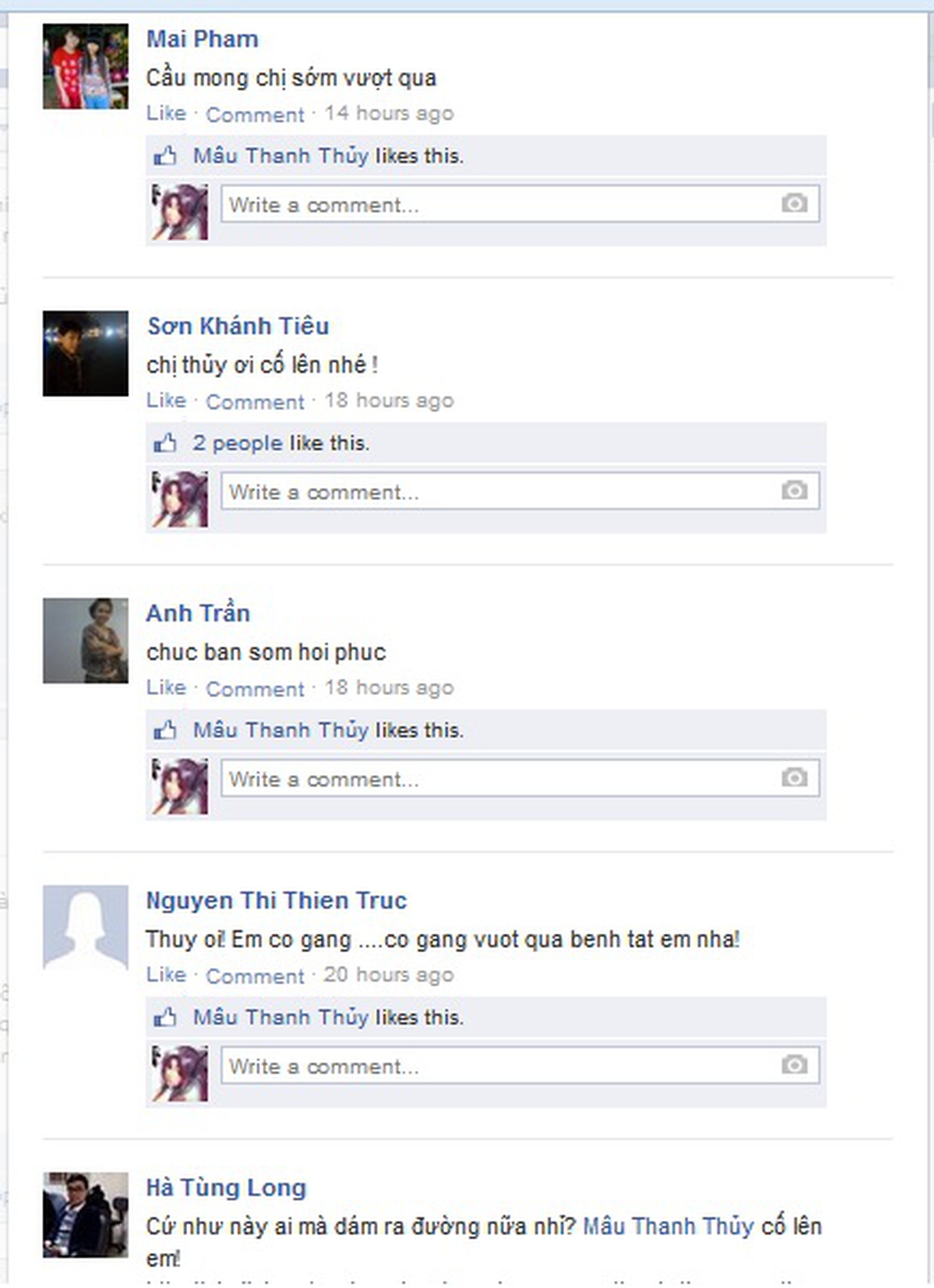 Những lời ch&uacute;c v&agrave; động vi&ecirc;n M&acirc;u Thanh Thủy tr&ecirc;n Fan Page của c&ocirc;