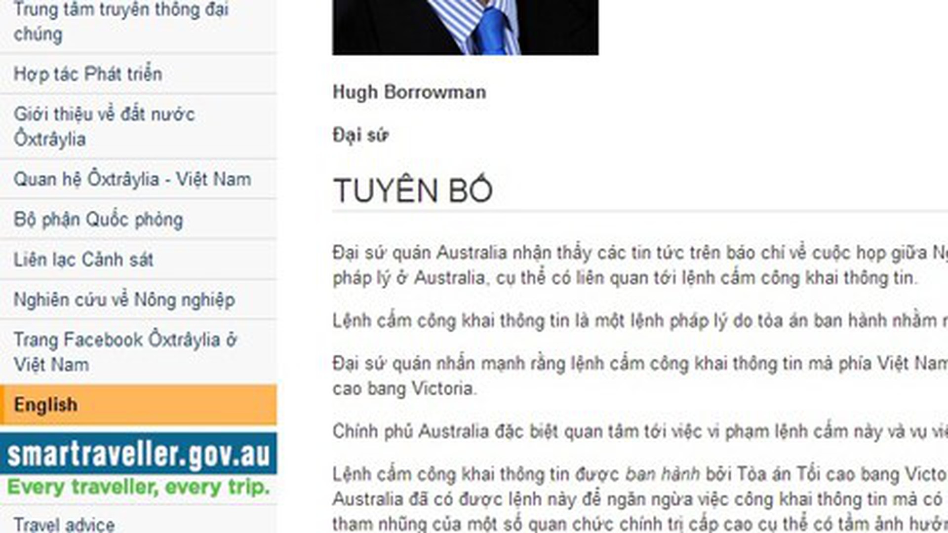 Tuy&ecirc;n bố của Đại sứ qu&aacute;n Australia tr&ecirc;n trang web. Ảnh: Vietnamnet