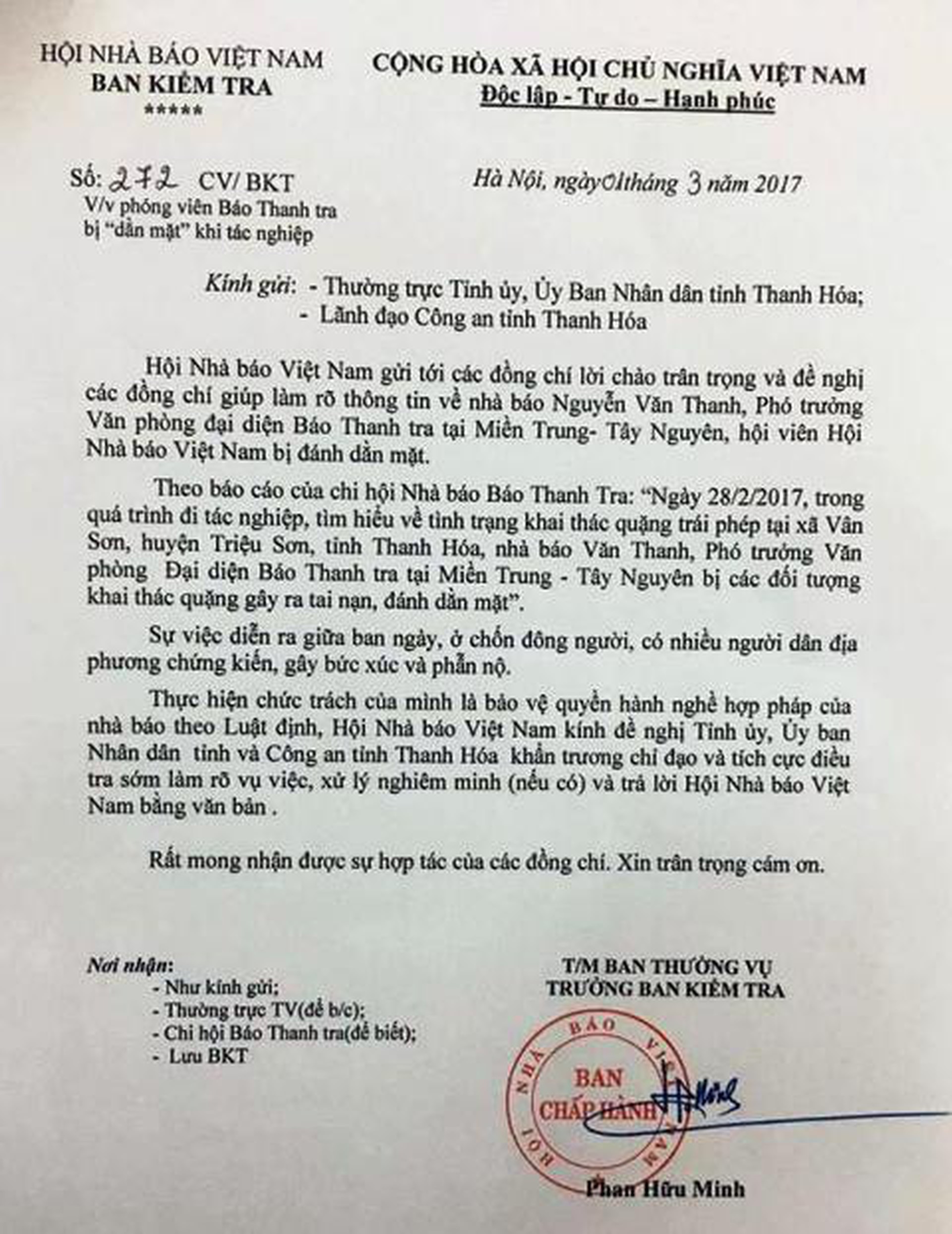 
C&ocirc;ng văn của Hội Nh&agrave; b&aacute;o Việt Nam gửi Tỉnh ủy, UBND tỉnh Thanh H&oacute;a đề nghị l&agrave;m r&otilde; th&ocirc;ng tin nh&agrave; b&aacute;o đi t&aacute;c nghiệp bị đ&aacute;nh dằn mặt
