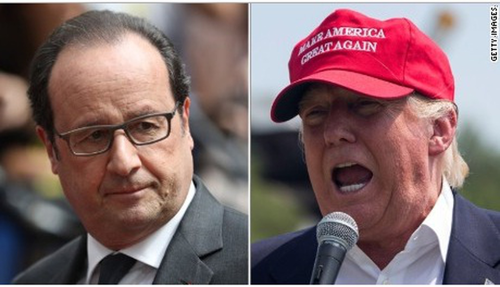 
Tổng thống Ph&aacute;p Francois Hollande (tr&aacute;i) thẳng thắn đ&aacute;p trả những b&igrave;nh luận ti&ecirc;u cực về Paris của &ocirc;ng Trump. Ảnh minh họa: CNN
