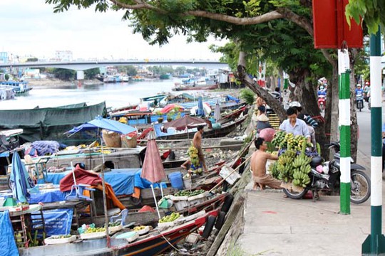 Rất nhiều xuồng ghe đậu bên bờ kênh Tẻ để buôn bán các loại trái cây.