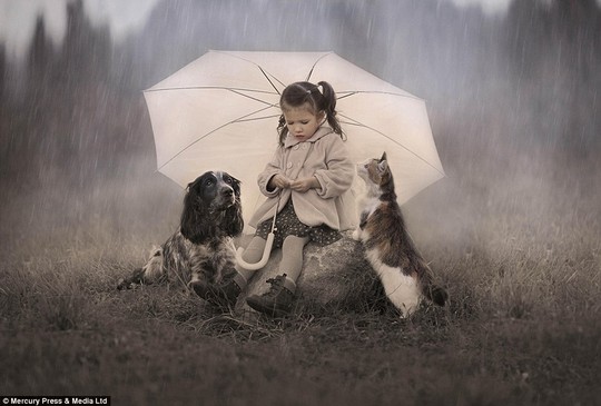 A girl shelters under the lashing rain on a rock with her spaniel and cat also jostling for a dry spot under her umbrella 