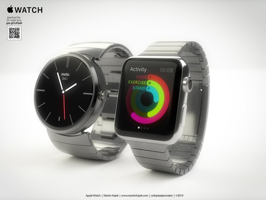 Apple Watch dây kim loại (phải) bên cạnh Moto 360.