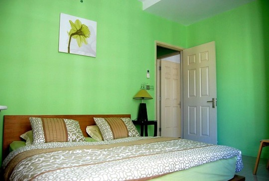 Phòng ngủ thứ hai cũng trung thành tông màu xanh lá với thiết kế đơn giản, tiện dụng.