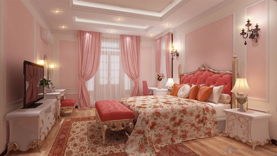 Phòng ngủ cho con gái với tông màu hồng nữ tính, lãng mạn.