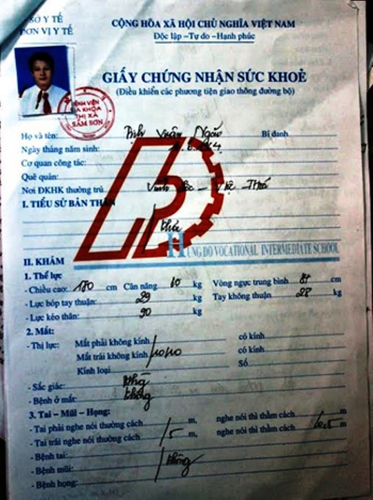 Giấy chứng nhận đủ điều kiện học lái xe B2 của ông Trịnh Xuân Ngãi được Bệnh viện Đa khoa thị xã Sầm Sơn cấp