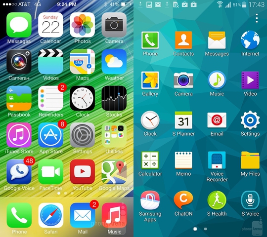 Giao diện màn hình chính trên iOS (trái) và TouchWiz