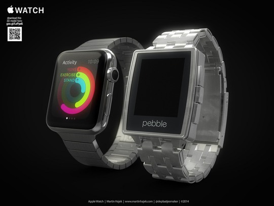 Apple Watch dây kim loại (trái) bên cạnh Pebble.