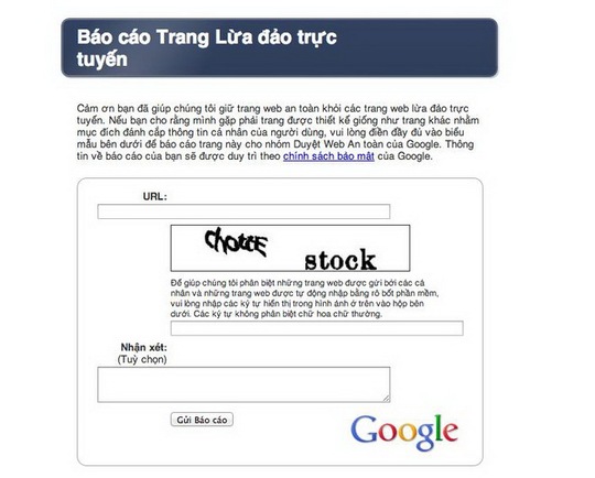 Phần báo cáo lừa đảo với Google