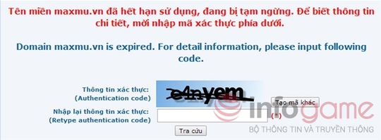 Một game lậu của Maxgame đã bị đóng cửa với lý do hết hạn tên miền.