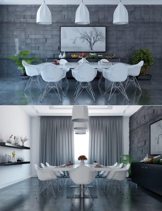 Phòng ăn này lại mang dáng dấp công nghiệp khi nhà thiết kế tận dụng tối đa gam màu lạnh từ tường, sàn nhà, chân ghế cho đến bức tranh trung tâm. Thiết kế:  Hesham Elshipli