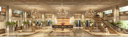 Phối cảnh tiền sảnh khách sạn Vinpearl Resort Phú Quốc lộng lẫy như cung điện hoàng gia.