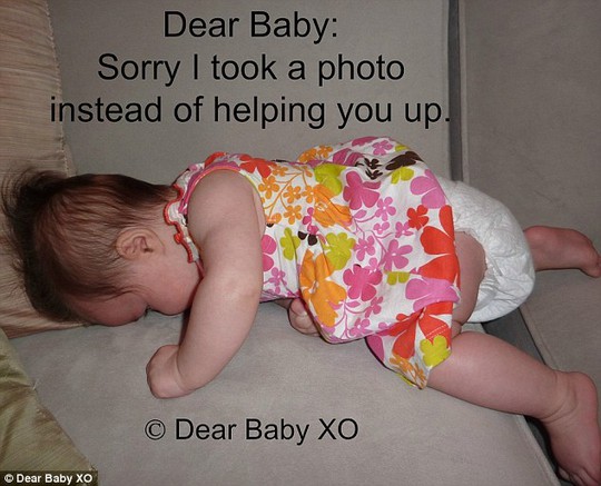 Good humor: New Jersey mom Sarah Showfety designed Dear Baby XO to be a shame-free zone where parents can apologize to their children for harmless mistakes - like taking a photo when they cant get up