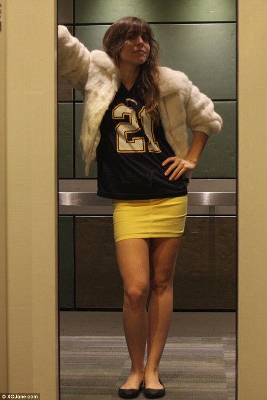 Friday: On the last day of Kelseys experiment, Luke dressed her in an eclectic outfit, which featured a football jersey, a fur coat and a shocking yellow miniskirt