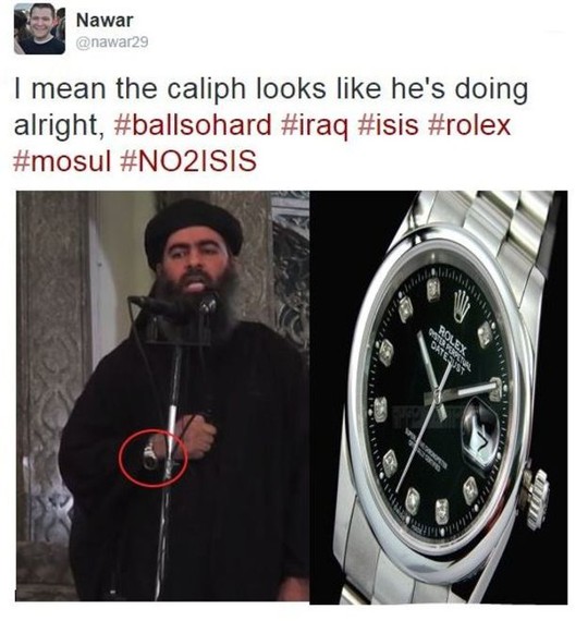 Thủ lĩnh IS Abu-bakr Al-Baghdadi và chiếc đồng hồ đắt tiền. Ảnh: BBC