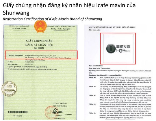 Công ty Shunwang đưa ra Giấy chứng nhận đăng ký nhãn hiệu số 181921 của phần mềm iCafe Mavin