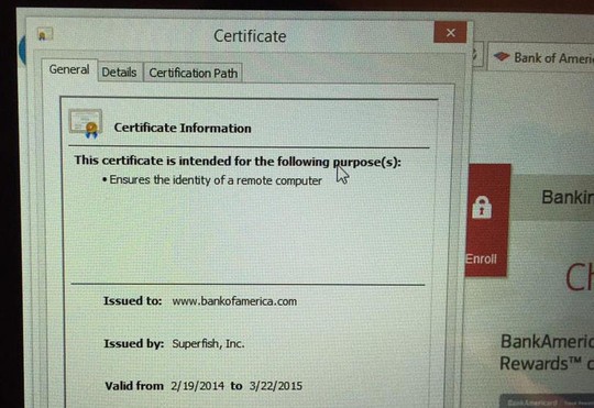 Một chứng nhận bảo mật của Bank of America do Superfish &quot;tự ký&quot;. Ảnh: Zdnet