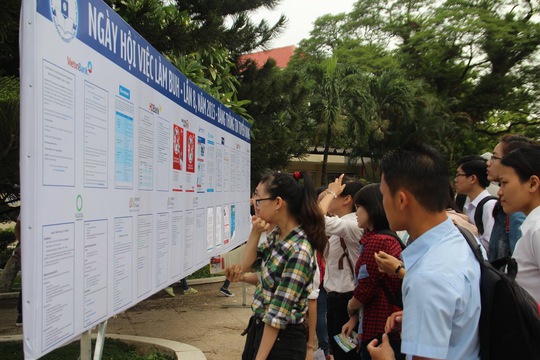 Sinh viên tốt nghiệp đang tìm thông tin việc làm tại ngày hội việc làm do Trường ĐH Ngân hàng TP HCM tổ chức ngày 17-5. Ảnh: BẢO LÂM
