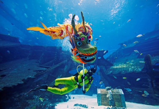 A diver performs a dragon dance at the Shipwreck Habitat of the S.E.A. Aquarium as part of the festive Chinese New Year celebrations in Sentosa, Singapore February 14, 2015. Photo by Edgar Su/REUTERS.